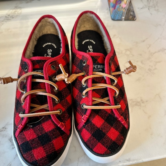 Sperry Red and Black Plaid Sneakers - Picture 1 of 3